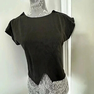 Black Beewear Cropped Cap Sleeve Top. Button Epaulette. Cut Out Belly Button.